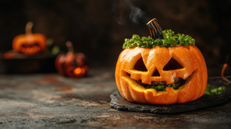 Halloween-themed burger shaped like a carved pumpkin, placed on a stone background, setting a spooky tone for holiday meals.の素材
