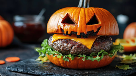 Halloween-themed burger with a pumpkin-shaped bun and juicy beef patties, creating a spooky yet delicious meal for the holiday celebration. Perfect for festive food ideas.の素材