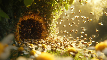 Heavily populated beehive entrance with bees swarming in the spring breeze, creating a dynamic and natural scene full of buzzing activity.の素材