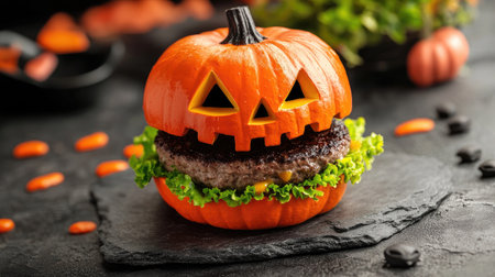 Halloween-themed burger shaped like a carved pumpkin, placed on a stone background, setting a spooky tone for holiday meals.の素材