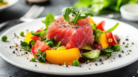 Healthy raw tuna meat served with a vibrant vegetable salad on a white plate, creating a colorful, fresh, and clean-eating dish.の素材