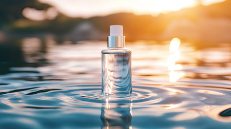Hyaluronic acid skincare bottle floating among rippling water. Natural setting with sunlight shining through. Hydration and purity concept.の素材