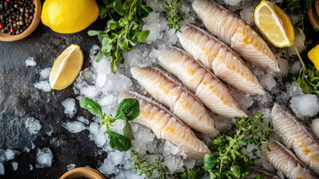 Ikan Patin (Silver Catfish) fillets on ice in a seafood market display, with fresh herbs, lemon wedges, and a dark textured background, top view.の素材