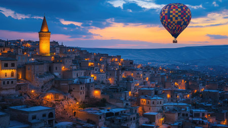 Hot air balloon flying over Mardin at twilight, with the blue hour light creating a beautiful contrast against the city's ancient stone buildings.の素材