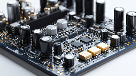 High-detail close-up of a wireless audio circuit board with electronic components, cleanly isolated on a white background.の素材