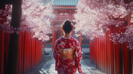 In a traditional kimono, a young Japanese woman gracefully walks through Rokusonno Shrine, surrounded by sakura cherry blossoms in full bloom.の素材