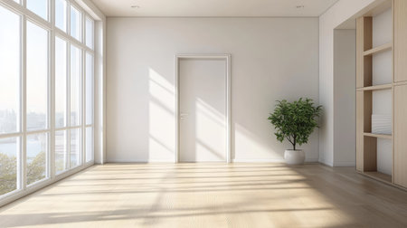 Interior of a modern apartment with a white door and large windows, featuring a light wood floor and minimalist furnishings, creating a serene environmentの素材