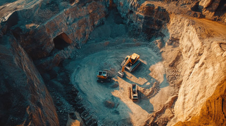 Industrial scene of a limestone quarry, with heavy machinery digging and moving materials in an open pit mine, aerial perspectiveの素材
