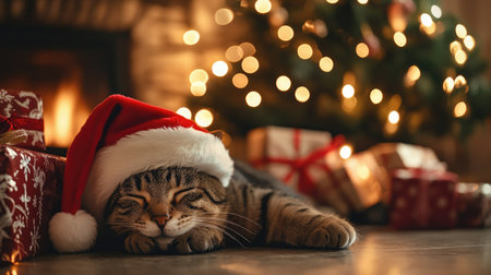 A cat wearing a Santa hat lounges near the fireplace, with the Christmas tree lights glowing in the background. Gifts surround the cozy festive scene.の素材