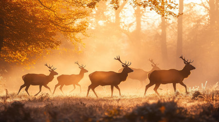 A group of red deer moving through a foggy autumn forest, their figures silhouetted by the rising sun.の素材