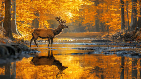 A red deer crossing a stream in the middle of an autumn forest, with the reflection of orange and yellow trees in the water.の素材