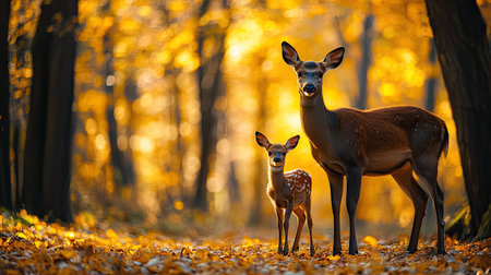 A mother red deer standing protectively next to her fawn in an autumn forest, surrounded by golden leaves.の素材