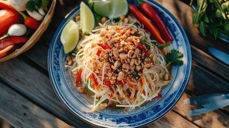 A plate of spicy papaya salad, topped with peanuts and chili, served with fresh vegetables on a wooden table. A staple in Thai cuisine.の素材