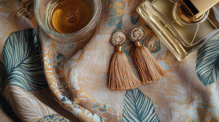 Flatlay of gold tassel earrings on a patterned scarf, with perfume and other fashion accessories arranged in a harmonious composition.の素材