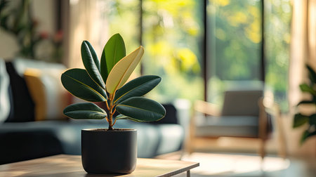 Ficus elastica, or rubber plant, potted and placed in a well-lit living room. Its air-purifying properties make it a great houseplant for healthier indoor air.の素材