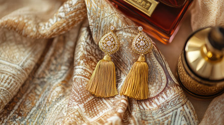 Flatlay of gold tassel earrings on a patterned scarf, with perfume and other fashion accessories arranged in a harmonious composition.の素材