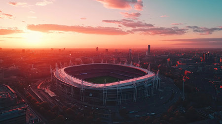 High-angle aerial of Wembley Stadium during a sunset concert, with pink and orange skies framing the iconic venue and vibrant city below.の素材