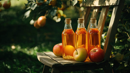 Homemade apple cider vinegar bottles with ripe apples on a wooden chair in a green garden, highlighting healthy homemade drinks and natural wellnessの素材