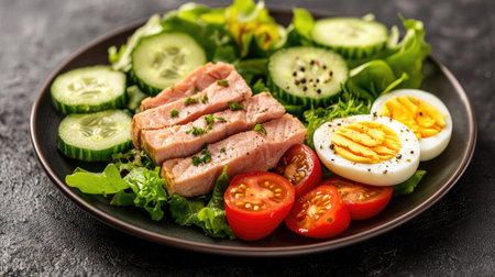 A balanced plate of tuna meat and boiled eggs with fresh salad greens, tomatoes, cucumbers, and a light dressing, emphasizing a nutritious and delicious meal.の素材