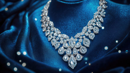 High-angle shot of an elegant diamond necklace resting on a velvet blue background, with the intricate design and dazzling diamonds shining brightlyの素材