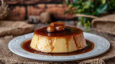 Homemade flan topped with caramel sauce, presented on a white plate with a rustic background. A perfect shot for traditional dessert themesの素材