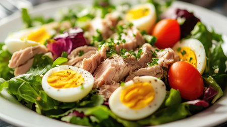 Close-up of a fresh salad with tuna, boiled eggs, leafy greens, and a light dressing, served on a white plate for a nutritious and colorful meal.の素材