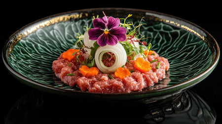 Beautifully arranged tartare beef flower circle salad with raw beef, onion, carrot, and flowers on a green plate. The black reflective table enhances the luxurious Japanese dining experience.の素材