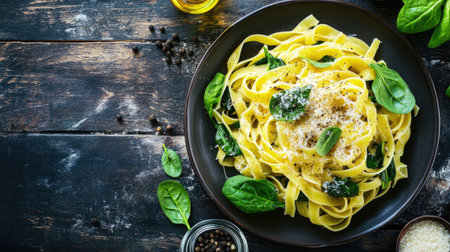 Homemade vegetarian tagliatelle pasta with fresh spinach and Parmesan, garnished with black pepper, on a rustic wooden table.の素材