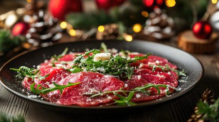Christmas-themed beef carpaccio with thinly sliced beef, garnished with arugula and parmesan on a holiday table, with festive decorations in the background.の素材