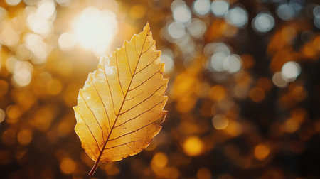 Close-up of a yellow autumn leaf with golden sunlight and blurred orange trees in the background, featuring a subtle bokeh effect to highlight the warmth of fall.の素材