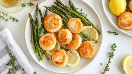 Crispy fried scallops arranged with asparagus spears, fresh thyme, and lemon slices, presented on a white table for a simple yet elegant seafood dish.の素材