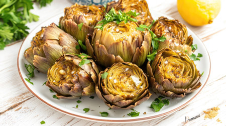 Beautifully plated Italian artichokes "alla romana" with olive oil, garlic, and lemon on a white wooden table. Garnished with fresh parsley and served with spicy sauce.の素材