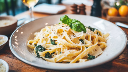 Homemade vegetarian tagliatelle with spinach, Parmesan, and black pepper, beautifully styled on a restaurant table for a Mediterranean menu.の素材