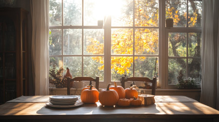 Dining table with pumpkins as a centerpiece near a large window, with sunlight softly illuminating the fall decor and enhancing the cozy ambiance.の素材