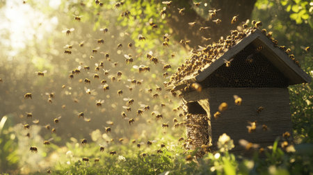 Bees swarming around the entrance of a thriving hive, flying energetically in the fresh spring air, a symbol of the hive's productivity and health.の素材