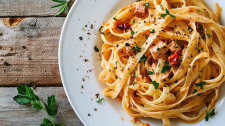 Close-up of spicy tuna pasta with chili flakes and herbs, served on a white plate on a wooden table, creating a vibrant and appetizing scene.の素材
