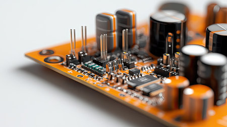 Close-up of a compact wireless audio circuit with intricate parts, isolated on a white background, ideal for tech and engineering imagery.の素材