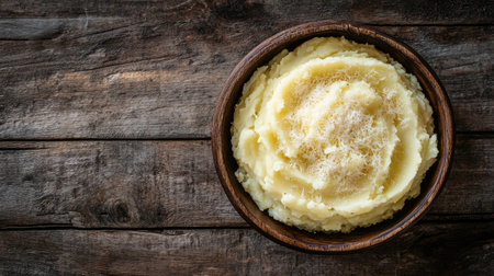 A close-up top view of mashed potatoes topped with parmesan, resting on a rustic wooden table. The surrounding area is left clear for copy spaceの素材