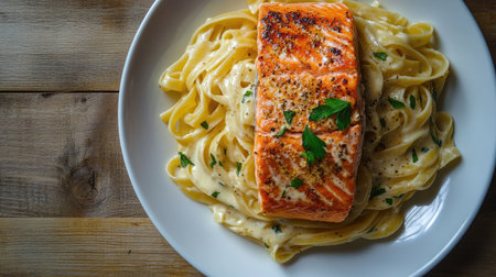Creamy pasta with golden-brown salmon, served on a white plate, photographed from the top on a wooden table. The perfect balance of creaminess and crispy salmon.の素材