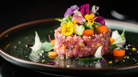 Exquisite tartare beef flower circle salad on a green plate with onion, salad, carrot, and edible flowers, set against a black reflective table in a fine dining Japanese restaurant.の素材