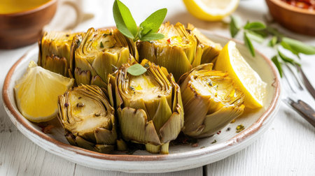 Carciofi alla romana on a white wooden table, glistening with olive oil and fresh herbs. Traditional Italian artichoke dish paired with lemon wedges and a spicy sauce.の素材