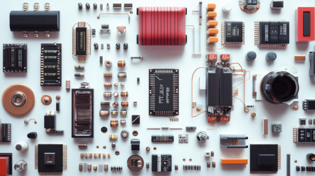 Detailed wireless audio circuit with components like transistors and capacitors, set on a white background for a high-tech aesthetic.の素材