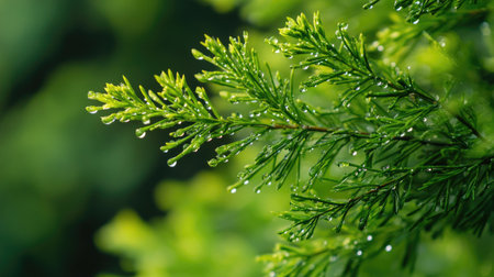 Green asparagus sprengeri tree with morning dew clinging to its delicate needle-like leaves, highlighting the fresh, natural beauty of the plant.の素材