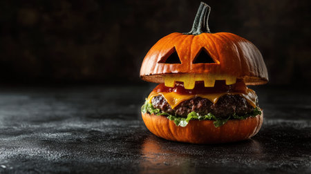 Halloween-inspired burger with a pumpkin head roll and beef patties, set against a dark background, perfect for holiday-themed party meals.の素材