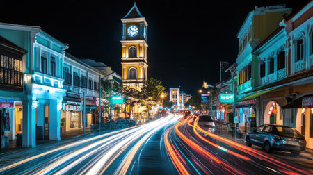 Iconic clock tower of Phuket Old Townaes Sino-Portuguese district at night, with long exposure capturing the dynamic movement of vehicle light trails around the heritage site.の素材