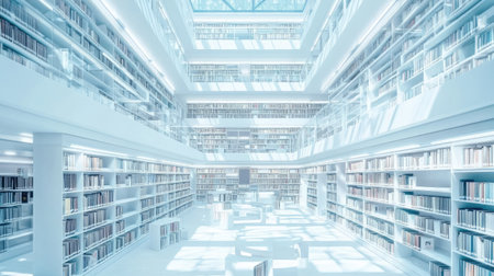 Interior of a modern library in Novosibirsk, endless rows of white shelves packed with books, representing a treasure trove of knowledge, bright and open space, full frameの素材