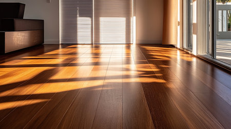 Interior detail with vertical blinds casting soft shadows on a Brazilian Cherry hardwood floor, the deep wood tones glowing in natural lightの素材