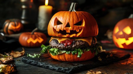 Creative Halloween burger with a pumpkin-shaped bun and thick beef patties, perfect for a spooky holiday meal. A fun twist for Halloween food concepts.の素材
