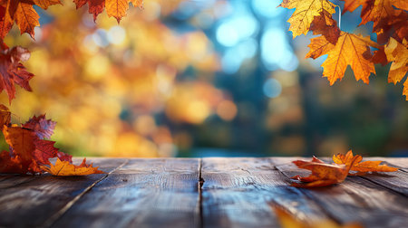Empty wooden table top with a blurred backdrop of vibrant autumn maple leaves, featuring rich fall colors, perfect for seasonal ads or product presentations.の素材