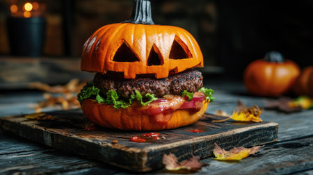 Halloween-inspired burger with a pumpkin-shaped bun and thick beef patties, a spooky and delicious option for holiday celebrations.の素材